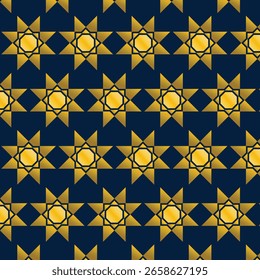 Nahtloses, islamisch inspiriertes geometrisches Muster mit goldenen Sternen auf blauem Hintergrund. Ideal für Textildesign, Verpackungen, Tapeten oder kulturelle Dekorationen.