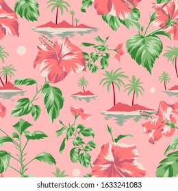 Seamless island botanical pattern. Colorful summer tropical background. Landscape with palm trees, beach and ocean mixed with large pink Chinese Hibiscus rose flowers. Flat design, Floral bloom.