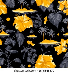 Seamless island botanical pattern. Colorful summer tropical background. Landscape with palm trees, beach and ocean mixed with large yellow Chinese Hibiscus rose flowers. Flat design, Floral bloom. 