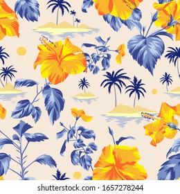 Seamless island botanical pattern. Colorful summer tropical background. Landscape with palm trees, beach and ocean mixed with large yellow Chinese Hibiscus rose flowers. Flat design, Floral bloom.