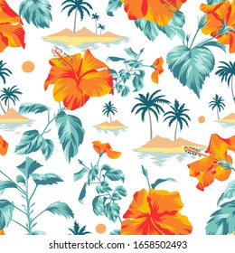 Seamless island botanical pattern. Colorful summer tropical background. Landscape with palm trees, beach and ocean mixed with large orange Chinese Hibiscus rose flowers. Flat design, Floral bloom. 