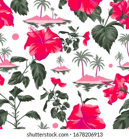 Nahtlose Insel botanisches Muster. Farbiger tropischer Hintergrund im Sommer. Landschaft mit Palmen, Strand und Ozean vermischt mit großen roten chinesischen Hibiskus-Rosenblumen. Flaches Design, Blütenblüte.