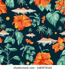 Seamless island botanical pattern. Colorful summer tropical background. Landscape with palm trees, beach and ocean mixed with large Chinese Hibiscus rose flowers. Flat design, Floral bloom. 