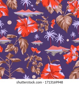 Seamless island botanical pattern. Colorful summer tropical background. Landscape with palm trees, beach and ocean mixed with large red Chinese Hibiscus rose flowers. Flat design, Floral bloom.