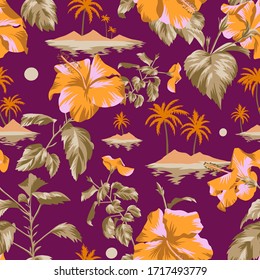 Seamless island botanical pattern. Colorful summer tropical background. Landscape with palm trees, beach and ocean mixed with large Chinese Hibiscus rose flowers. Flat design, Floral bloom. 