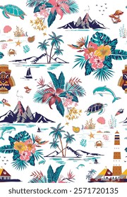Seamless Island Pattern with Flowers, Palms, Volcanoes and Landscape Print for Fashion and Fabrics