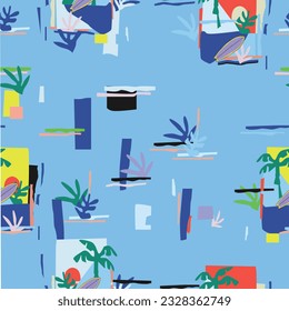 seamless island pattern on white background. Landscape with palm trees, beach and ocean vector hand drawn style.