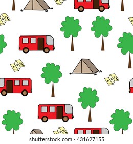 Seamless with isolated bus, map, tent and tree.  Vector illustration seamless for banner, card, invitation, textile, fabric, wrapping paper.