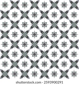 Seamless isolated design Spanish tile abstract pattern with symmetrical petals in pale blue gray colors elegant geometric, wallpaper textile fashion fabrics wrapping paper decor web background
