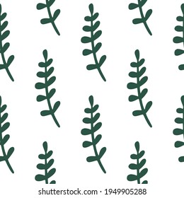 Seamless isolated doodle pattern with simple green tropical branches shapes. White background. Decorative backdrop for fabric design, textile print, wrapping, cover. Vector illustration.