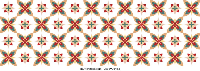 Seamless isolated floral abstract pattern symmetrical petals in pale blue red beige colors elegant geometric design Spanish tile, wallpaper textile fashion fabrics paper decor white background