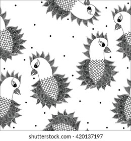Seamless with isolated parrot on the white background. Animals, bird. Hand drawn doodle. African,indian, totem tattoo element design. 