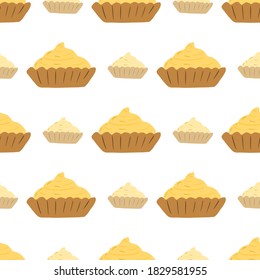 Patrón aislado sin inconveniente con siluetas de crema de cesta. Dulce y sabrosa panadería impresa en tonos amarillos sobre fondo blanco. Ideal para el diseño de tela, impresión textil, envoltura, cubierta. Ilustración vectorial.