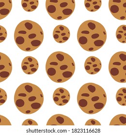 Seamless isolated pattern with beige and brown colored chocolate cookies elements. White background. Tasty dessert. Designed for wallpaper, textile, wrapping paper, fabric print. Vector illustration.