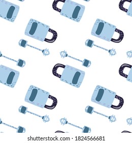 Seamless isolated pattern with blue lock and eys vintage print. Secret victorian ornament on white background. Designed for wallpaper, textile, wrapping paper, fabric print. Vector illustration.
