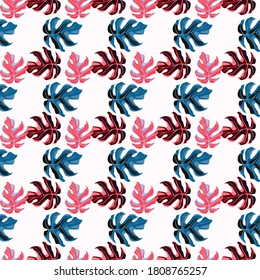 Seamless isolated pattern with blue and pink monstera shapes. Abstract tropic elements on white background. Perfect for wallpaper, textile, wrapping paper, fabric print. Vector illustration.