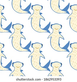Seamless isolated pattern with cartoon hammerhea sharks. Cute underwater animals in blue color. Decorative backdrop for fabric design, textile print, wrapping, cover. Vector illustration.