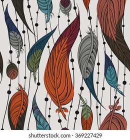 Seamless isolated pattern with colorful feathers. Native american indian dream catcher, traditional symbol.