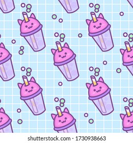 Seamless isolated pattern with cute kawaii bubble tea cat cup. Child, girl or teenager print on fabric, wrapping paper, textile, wallpaper, background. Vector cartoon doodle linear illustration