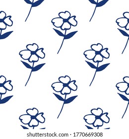 Patrón aislado e incomparable con flores azules oscuras sobre fondo blanco. Fondo decorativo para el diseño de tejidos, impresión textil, envoltura, cubierta. Ilustración del vector