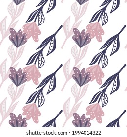 Seamless isolated pattern with doodle pink, purple and navy blue colored flowers shapes. White background. Designed for fabric design, textile print, wrapping, cover. Vector illustration.