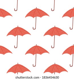 Nahtlose, isolierte Muster mit doodle Schirm einfache Silhouetten. rotes Zubehör auf weißem Hintergrund. Einfache Zeitschrift. Für Stoffdesign, Stoffdruck, Umhüllung, Abdeckung. Vektorgrafik.