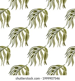 Seamless isolated pattern with green palm leaf elements print. White background. Natural tropic print. Vector illustration for seasonal textile prints, fabric, banners, backdrops and wallpapers.
