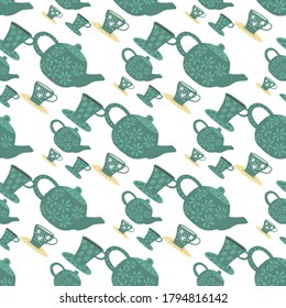 Seamless isolated pattern with green pastel tea ceremony silhouettes. Cups and teapots on white background. Perfect for wallpaper, textile, wrapping paper, fabric print. Vector illustration.
