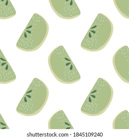 Seamless isolated pattern with green pastel apple slices. White background. Summer cartoon print. Graphic design for wrapping paper and fabric textures. Vector Illustration.