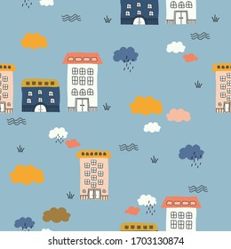 Patrón aislado sin inconvenientes. La ciudad dibujada a mano alberga objetos modernos y modernos ilustraciones vectoriales. Pequeñas casas de pueblo lindas con nubes. Color pastel textura azul fondo cálido Vector EPS 10