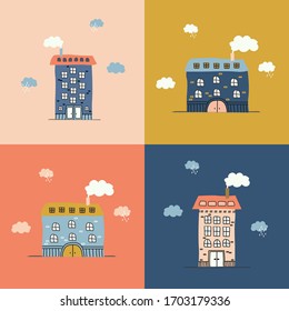 Seamless isolated pattern. Hand drawn city houses objects modern contemporary trendy vector square illustration. Little cute town houses with clouds. Pastel color texture blue warm background Vector