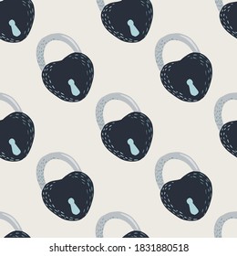Seamless isolated pattern with navy blue colored lock shapes. Heart secret ornament on white background. Simple secret print. Backdrop for wallpaper, textile, wrapping, fabric. Vector illustration