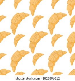 Patrón aislado y sin inconvenientes con la impresión de desayuno de cruasanes parís. Delicioso restaurante con postre naranja y fondo blanco. Para el diseño de tejidos, impresión textil, envoltura, cubierta. Ilustración del vector
