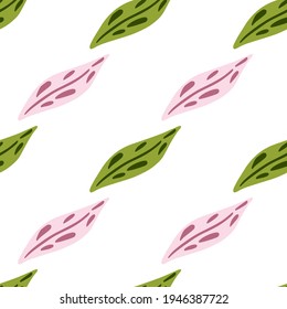 Seamless isolated pattern with pink and green doodle leaves elements. White background. Simple style. Decorative backdrop for fabric design, textile print, wrapping, cover. Vector illustration.