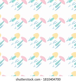 Seamless isolated pattern with pink and yellow mushroom silhouettes. White background. Designed for wallpaper, textile, wrapping paper, fabric print. Vector illustration.