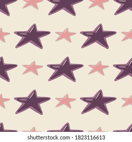 Nahtloses isoliertes Muster mit violettem und rosafarbenem, handgezeichnet gezeichnetem Sternschmuck. Weißer Hintergrund. Schreibe bunter Design. Gut geeignet für Tapeten, Textilien, Wickelpapier, Stoffdruck. Vektorgrafik.