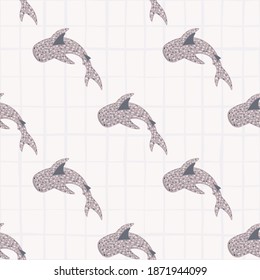 Patrón aislado sin foco con elementos de tiburones ballena subacuáticos de color púrpura pastel. Fondo blanco a cuadros. Perfecto para el diseño de tela, impresión textil, envoltura, cubierta. Ilustración vectorial.