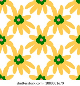 Seamless isolated pattern with yellow and green colored flower silhouettes. White background. Flat vector print for textile, fabric, giftwrap, wallpapers. Endless illustration.