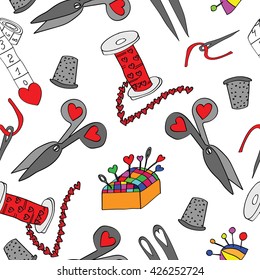 Seamless with isolated sewing tools set. Sewing and needlework  vector illustration. Accessories and equipment or sewing.