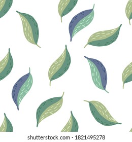 Seamless isolated spring pattern with random located green colored leaf silhouettes. White background. Great for wallpaper, textile, wrapping paper, fabric print. Vector illustration.