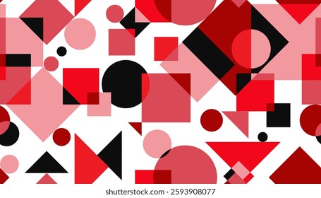 Seamless isolated vector geometric pattern Bauhaus style bright circles squares and triangles intersecting in red pink black on white web design background