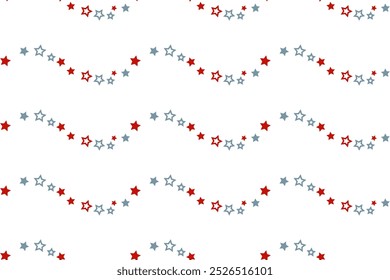 Seamless isolated vector pattern ribbons stars colorfull gray red Wavy star lines background Textile children's design scrapbooking wrapping paper cardmaking decoration bed linen Typography
