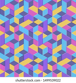 Seamless isometric lines geometric pattern, 3D cubes vector tiling background, architecture and construction, wallpaper design.