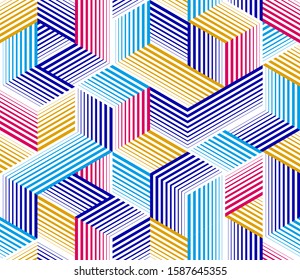 Seamless isometric lines geometric pattern, 3D cubes vector tiling background, architecture and construction, wallpaper design.