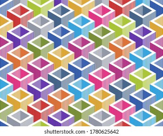 Seamless isometric lines geometric pattern, 3D cubes vector tiling background, architecture and construction, wallpaper design.