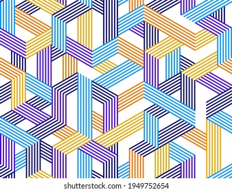Seamless isometric lines geometric pattern, 3D cubes vector tiling background, architecture and construction, wallpaper design.