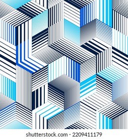 Seamless isometric lines geometric pattern, 3D cubes vector tiling background, architecture and construction, wallpaper design.