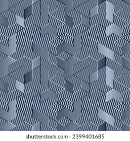 Seamless isometric lines geometric pattern, 3D cubes vector tiling background, architecture and construction, wallpaper design.