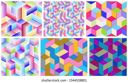 Seamless isometric lines geometric patterns set, 3D cubes vector tiling backgrounds, architecture and construction, wallpaper designs.