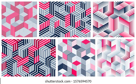 Seamless isometric lines geometric patterns set, 3D cubes vector tiling backgrounds, architecture and construction, wallpaper designs.